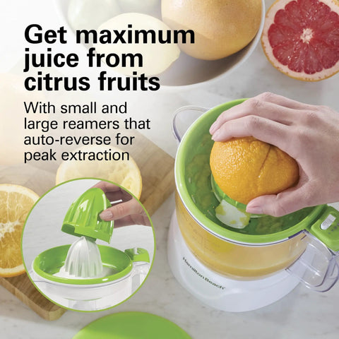 Hamilton Beach 34 Oz Electric Citrus Juicer With Silicone Gripper Lid Easy Press Juice Extraction, showing orange being juiced.