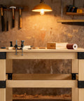 Workbench with Heavy Duty Workbench Bracket Kit 12 Pc Three Way Right Angle Corner Braces For DIY, supporting 2x4 lumber.