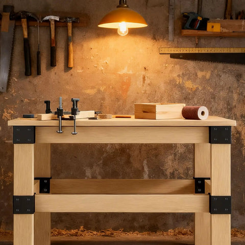 Beefy Heavy Duty Workbench Bracket Kit Eight Pack With 3 Way Right Angle Corner Braces for 1.5x3.5 in lumber, assembled table in workshop.