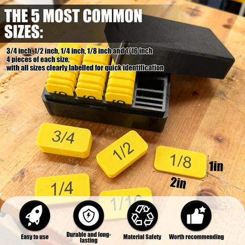 20 Piece Premium Woodworking Setup Blocks Set With Storage Case Woodshop Ready Pro Grade Precision Spacer Gauge Blocks For Table Saw And Router Accurate Measurements And Tight Fits Durable Carpentry Tools For Fast Reliable Setup. 3/4, 1/2, 1/4, 1/8, 1/16 blocks in case