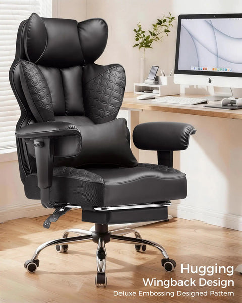 Big And Tall Office Chair For Heavy Duty Comfort With Deluxe Embossed Leather High Back Ergonomic Computer Chair with footrest.