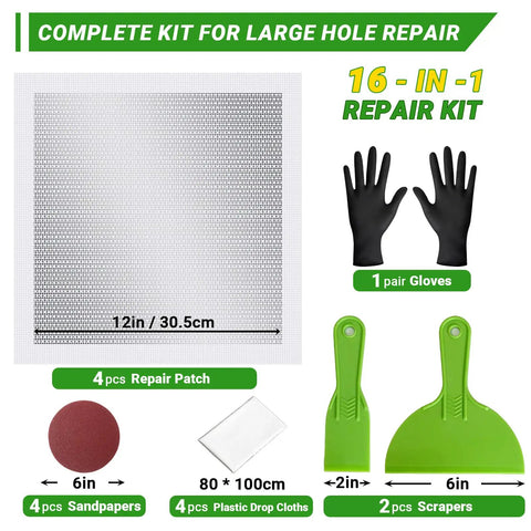 12-Inch By 12-Inch Drywall Repair Kit With 4 Big Patches, Heavy-Duty Aluminum Self-Adhesive Mesh, includes tools and accessories