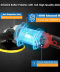 Beast 1400W Rotary Car Polisher With 6 And 7 Inch Pads, Variable Speed 800-3500 RPM, showcasing motor details and features