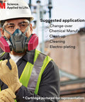 Worker wearing P100 Respirator Filter Cartridge 60922 One Pair NIOSH Approved against acid gases, in industrial setting.