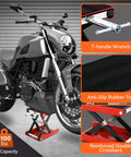 Beefy 1100 Lb Wide Deck Motorcycle Center Scissor Lift Jack Repair Hoist Stand For Bikes ATVs Dirt Bikes And Scooters Crank Operated With Safe Rubber Surface And Red Steel Construction Fits Most Models lifting a motorcycle