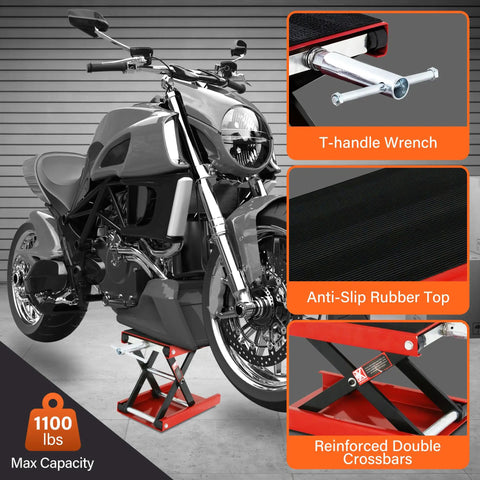 Beefy 1100 Lb Wide Deck Motorcycle Center Scissor Lift Jack Repair Hoist Stand For Bikes ATVs Dirt Bikes And Scooters Crank Operated With Safe Rubber Surface And Red Steel Construction Fits Most Models lifting a motorcycle