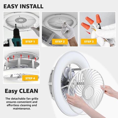 Installation and cleaning steps for Bladeless Ceiling Fan with Light and Remote Control 22 Inch Low Profile Modern Enclosed Indoor Fan