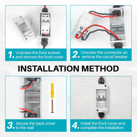 Installation steps of Heavy Duty Solar Disconnect Switch 1000V 30Amp DC Breaker Box with detailed instructions.