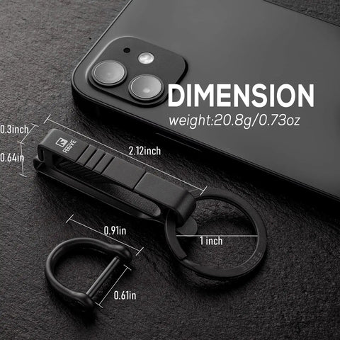 Titanium Belt Clip Key Holder With Carabiner And D Ring For Men, Ultra Durable Keychain Clip next to smartphone, dimensions shown