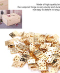 Brass Mini Hinge Set 100 Pieces With 400 Screws for jewelry boxes and miniature furniture, pile of shiny brass hinges.