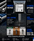 Image showing Pack Of 100 Hex Washer Head Self Tapping Wood Screws No 8 Size 1-1/2 Inch Phillips Drive Built Tough Corrosion Resistant Black Finish.