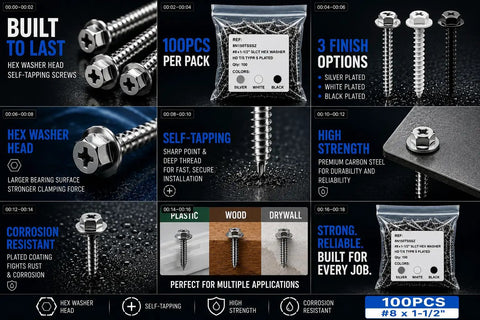Image showing Pack Of 100 Hex Washer Head Self Tapping Wood Screws No 8 Size 1-1/2 Inch Phillips Drive Built Tough Corrosion Resistant Black Finish.