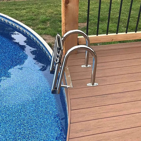 Stainless Steel Beefy Four Step Pontoon Boat Ladder With Heavy Duty Folding Telescoping Design For Yacht Or Pool installed on deck