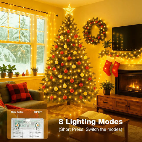 Warm White Fairy Lights Set With 50 LEDs 16 Feet Battery Operated Tree Decor with 8 Lighting Modes in Cozy Room