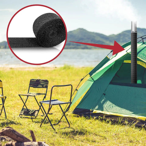 Image showing a campsite with a tent and a stove flue wrapped in 2 Pack Fireproof Pipe Wrap Insulation 2 Inch Wide 16 Feet Long