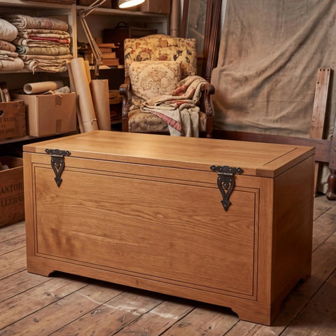 Wooden chest with Antique Cast Iron Heavy Duty T Hinges For Gates 5.3 Inch Vintage Black Decorative Hinges, in a cozy room.