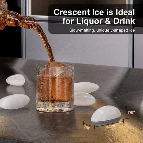 Glass of liquor with crescent ice from drainless under counter ice maker with 22lb storage bin free standing or built in