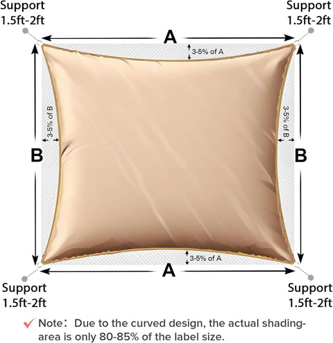 Cream shade sail diagram with dimensions and support showing curvature affecting shading area.
