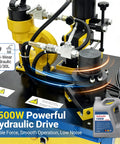 Professional Grade Heavy Duty 3 In 1 Hydraulic Iron Worker For Easy Steel Punching Chamfering And Cutting With Foot Pedal And Roll Casters For No Hassle Shop Builds 1500 Watt hydraulic drive and oil detail.