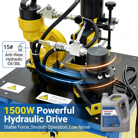 Professional Grade Heavy Duty 3 In 1 Hydraulic Iron Worker For Easy Steel Punching Chamfering And Cutting With Foot Pedal And Roll Casters For No Hassle Shop Builds 1500 Watt hydraulic drive and oil detail.
