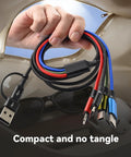 4 In 2 Dual USB C Cable Charger Set For All Devices with USB C Lightning and Micro USB connectors, hand holding cables, compact design.