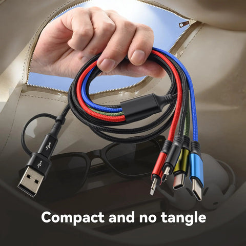 4 In 2 Dual USB C Cable Charger Set For All Devices with USB C Lightning and Micro USB connectors, hand holding cables, compact design.