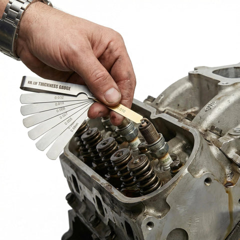 Stainless steel feeler gauge set with 32 blades (0.04–0.88 mm) used to gap spark plugs on an engine cylinder head.