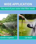 Front-view infographic of 4-pack hose inlet filters, 60-mesh stainless steel with check valve for 3/8–1/2 in hoses.