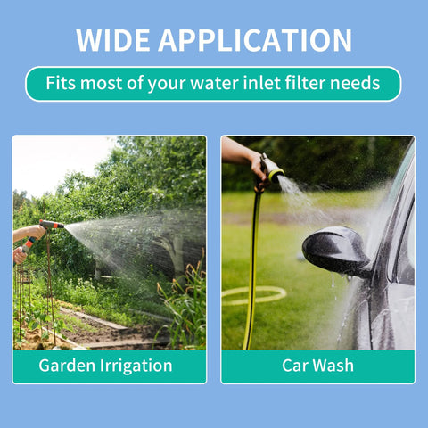 Front-view infographic of 4-pack hose inlet filters, 60-mesh stainless steel with check valve for 3/8–1/2 in hoses.