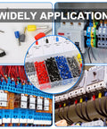 Pro Grade Ferrule Crimping Tool Kit With 1900 Wire Ferrule Terminals for AWG 23 to 7, showing ferrules and wiring applications