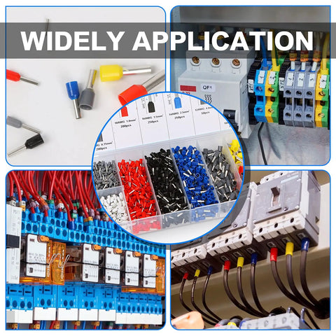 Pro Grade Ferrule Crimping Tool Kit With 1900 Wire Ferrule Terminals for AWG 23 to 7, showing ferrules and wiring applications