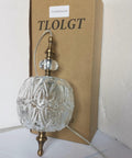 Antique Delicate Glass Pendant Light With Decorative Pattern, Brass Hardwired Design, 4.9 Inch, against packaging