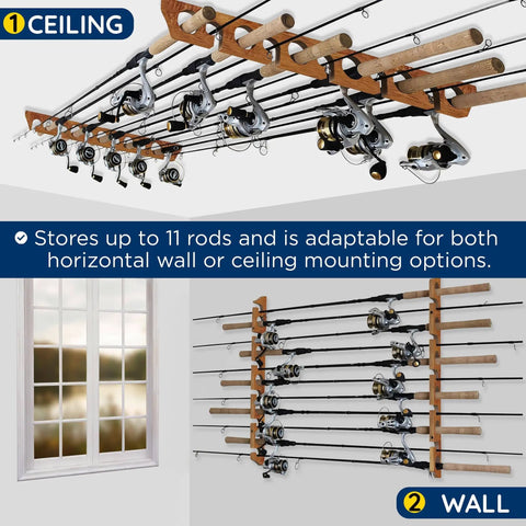 11 Rod Fishing Rod Storage Rack For Wall Or Ceiling Mount Vertical Or Horizontal Holder With Eleven Rod Capacity Easy Garage Organizer For Poles And Reels installed on wall and ceiling.