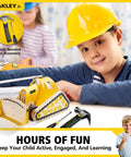 Sweet Wooden Bulldozer Model Kit For Kids Diy Construction Truck Toy with tools for assembly and a child building it.