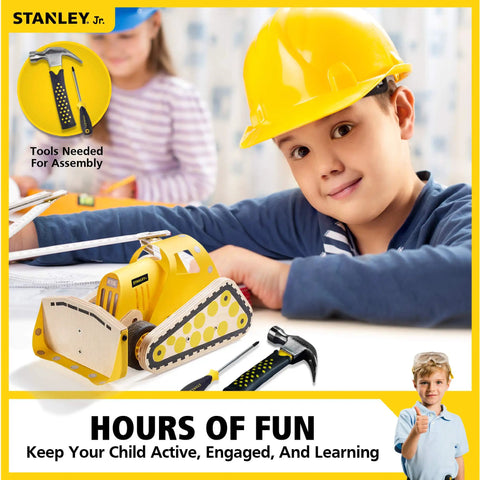 Sweet Wooden Bulldozer Model Kit For Kids Diy Construction Truck Toy with tools for assembly and a child building it.