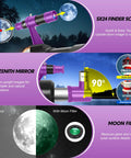 Diagram showing Pro Grade 90mm Aperture Refractor Telescope with 550mm Focal Length features including finder scope and moon filter.