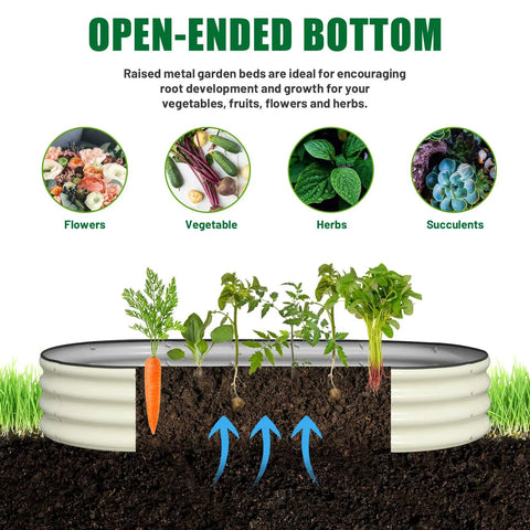 Open-ended two pack raised garden bed kit with oval metal planter for outdoor use, showing root growth for vegetables and flowers