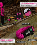 Emergency Survival Kit And First Aid Kit For Women With A Tactical MOLLE Pouch, featuring pink knife and survival bracelet