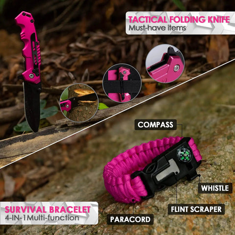 Emergency Survival Kit And First Aid Kit For Women With A Tactical MOLLE Pouch, featuring pink knife and survival bracelet