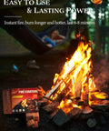 Product box of Easy Burn Fire Starter Squares in front of a campfire, promoting no mess campfires, grills, and fireplaces.