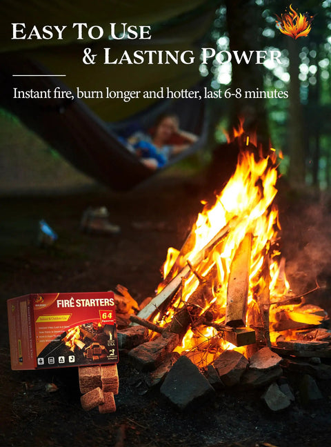 Product box of Easy Burn Fire Starter Squares in front of a campfire, promoting no mess campfires, grills, and fireplaces.