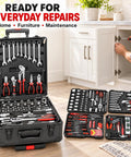 Top Shelf 899 Piece Rolling Toolbox Set With Four Deep Compartments For Tough Home Repairs Garage Mods Diy Fixes And Everyday Handyman Grindin In Sleek Black Finishing with tools organized in an open case.