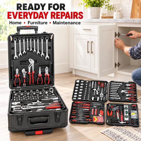 Top Shelf 899 Piece Rolling Toolbox Set With Four Deep Compartments For Tough Home Repairs Garage Mods Diy Fixes And Everyday Handyman Grindin In Sleek Black Finishing with tools organized in an open case.