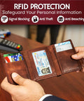 Rugged Leather Mens RFID Blocking Trifold Wallet With Double Cash Compartments Secret Pocket Top Grain Forest Brown