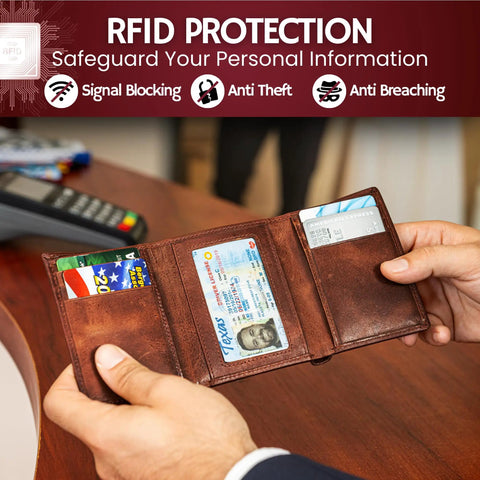 Rugged Leather Mens RFID Blocking Trifold Wallet With Double Cash Compartments Secret Pocket Top Grain Forest Brown