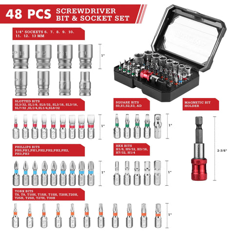 48 Piece Screwdriver Bit And Socket Set with Color Coded S2 Steel Bits and Magnetic Bit Holder, including 6-13 mm CRV Sockets