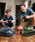Father and son playing with 1 18 Scale KV1 RC Tank With Smoke Lights And Sound 2.4GHz Remote Battle Ready Army Toy on floor
