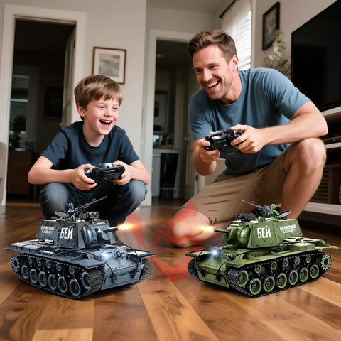Father and son playing with 1 18 Scale KV1 RC Tank With Smoke Lights And Sound 2.4GHz Remote Battle Ready Army Toy on floor
