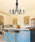 6 Light Black Crystal Chandelier With Chic Farmhouse Rustic Black Metal Frame And Adjustable Chain in kitchen setting