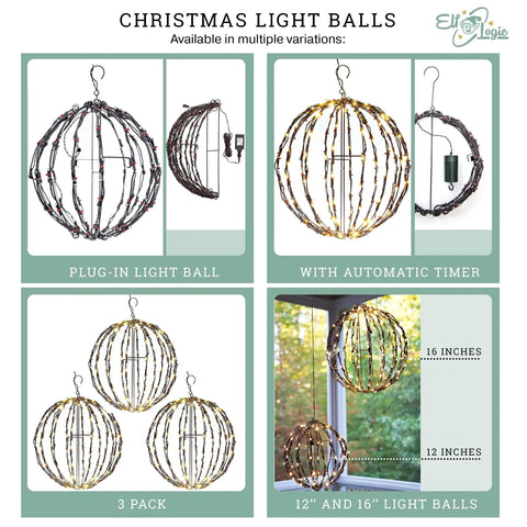 16 Inch LED Light Ball For Indoor And Outdoor Use With Warm White Lights Waterproof And Durable Lightweight Holiday Decor For Patio Or Wedding Displays Fold Flat Metal Frame For Easy Storage shown in various configurations